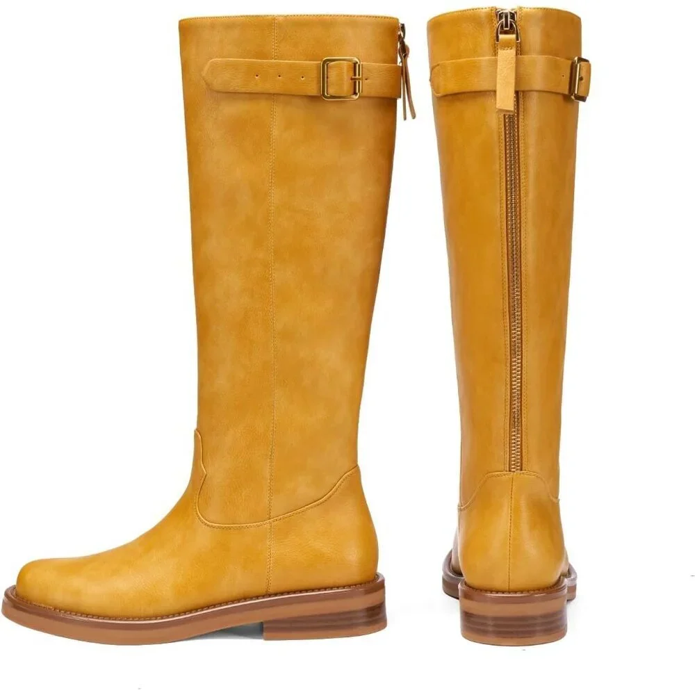 Women's Yellow Chunky Square Toe Tall Boots Low Heel Zipper Knee High Boots